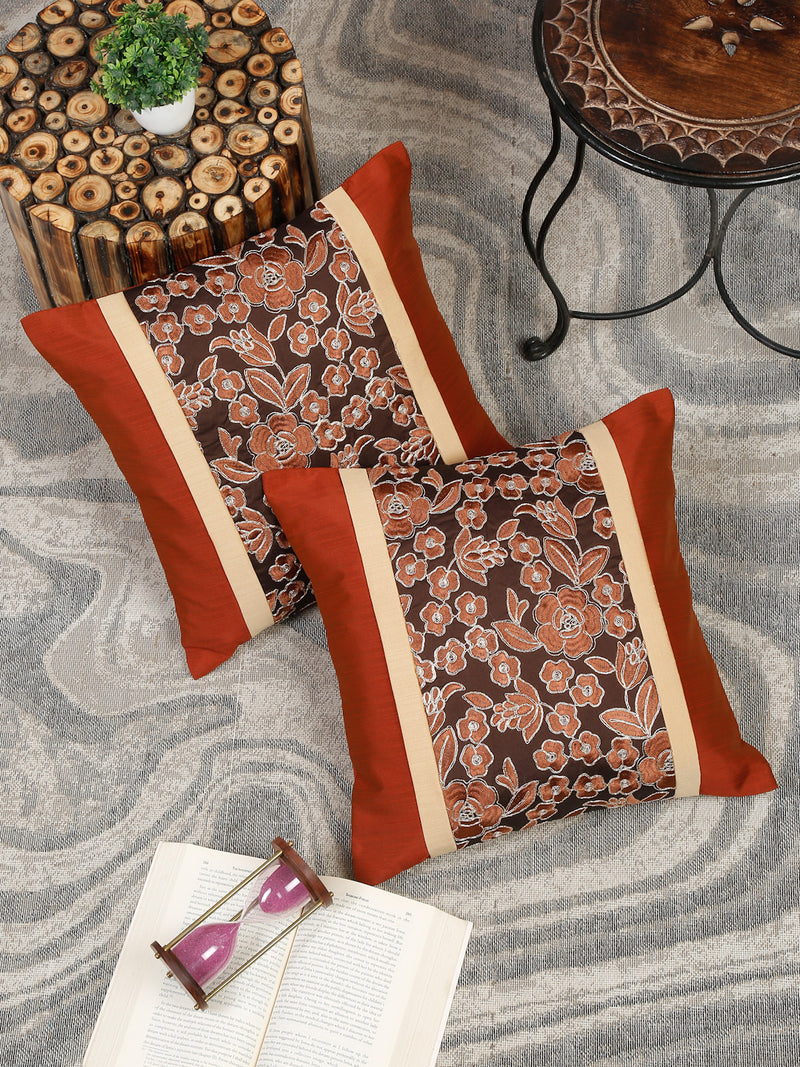 Eyda Copper and Brown Color Embroidered Cushion Cover Set of 2-16x16 inch