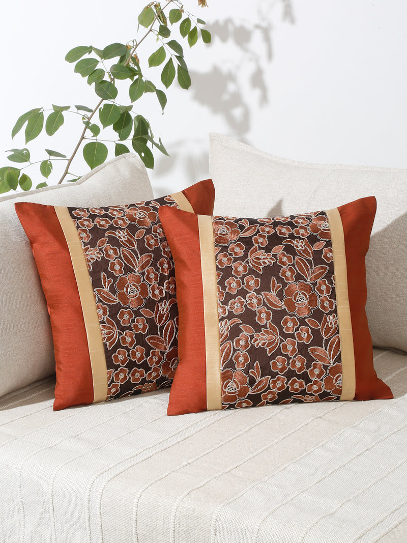 Eyda Copper and Brown Color Embroidered Cushion Cover Set of 2-16x16 inch