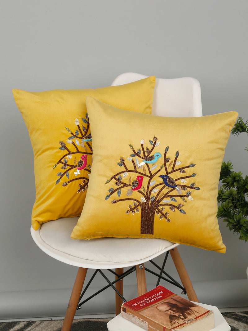 Eyda Yellow Velvet Embroidered Cushion Cover Set of 2