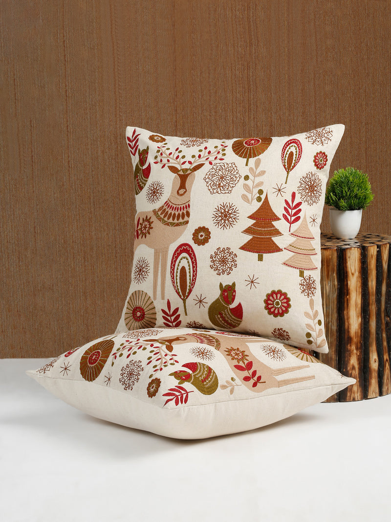 Eyda Beige Cotton Linen Embroidered Cushion Cover Set of 2