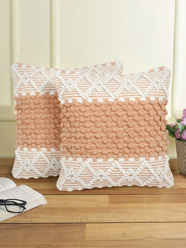 Eyda White & Peach Cotton Hand Woven Cushion Cover Set of 2