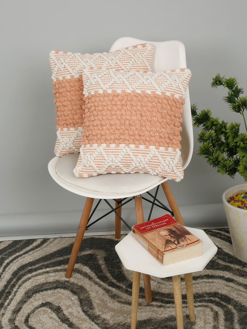 Eyda White & Peach Cotton Hand Woven Cushion Cover Set of 2