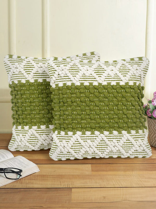 Eyda White & Green Cotton Hand Woven Cushion Cover Set of 2