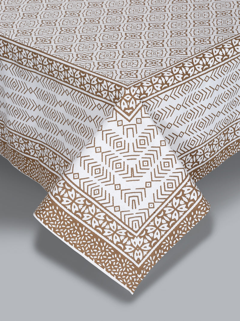 Rajasthan Decor White and Gold Cotton Geomatric  Print King Bed sheet with 2 Pillow Covers