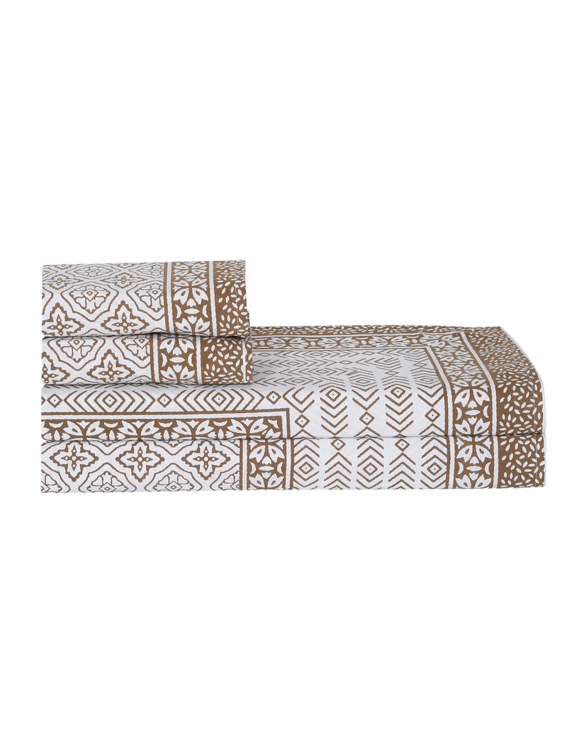 Rajasthan Decor White and Gold Cotton Geomatric  Print King Bed sheet with 2 Pillow Covers