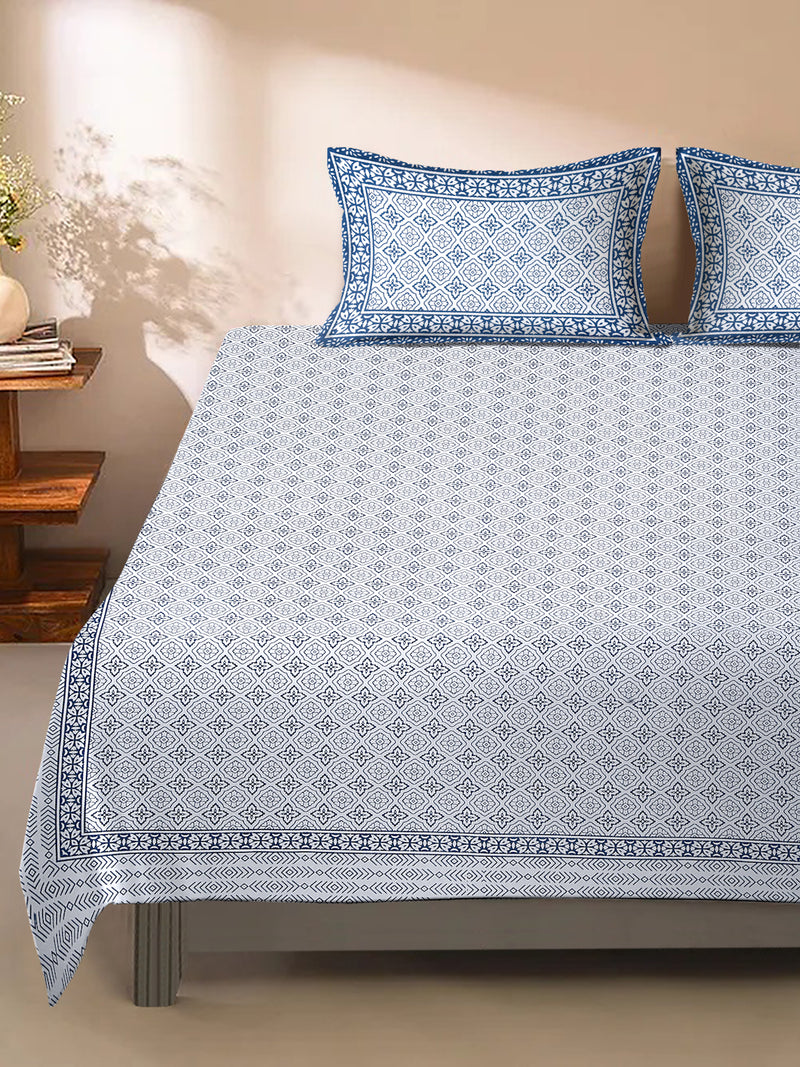 Rajasthan Decor White and Blue Cotton Geomatric  Print King Bed sheet with 2 Pillow Covers