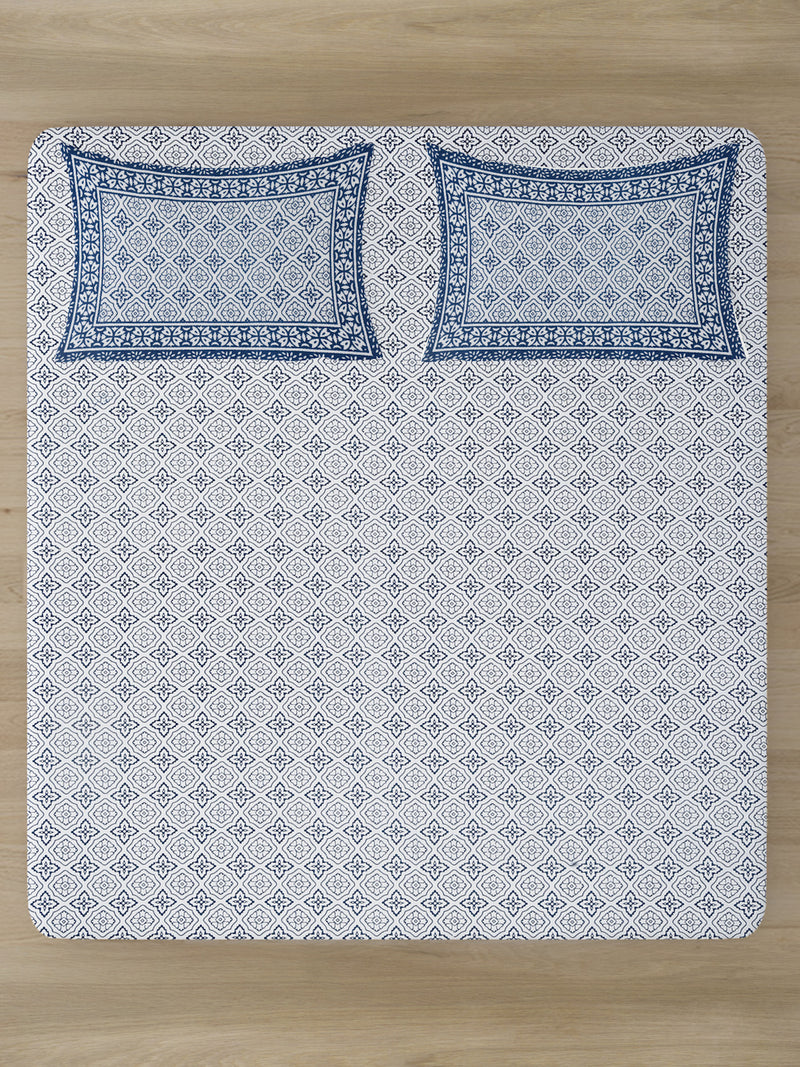 Rajasthan Decor White and Blue Cotton Geomatric  Print King Bed sheet with 2 Pillow Covers