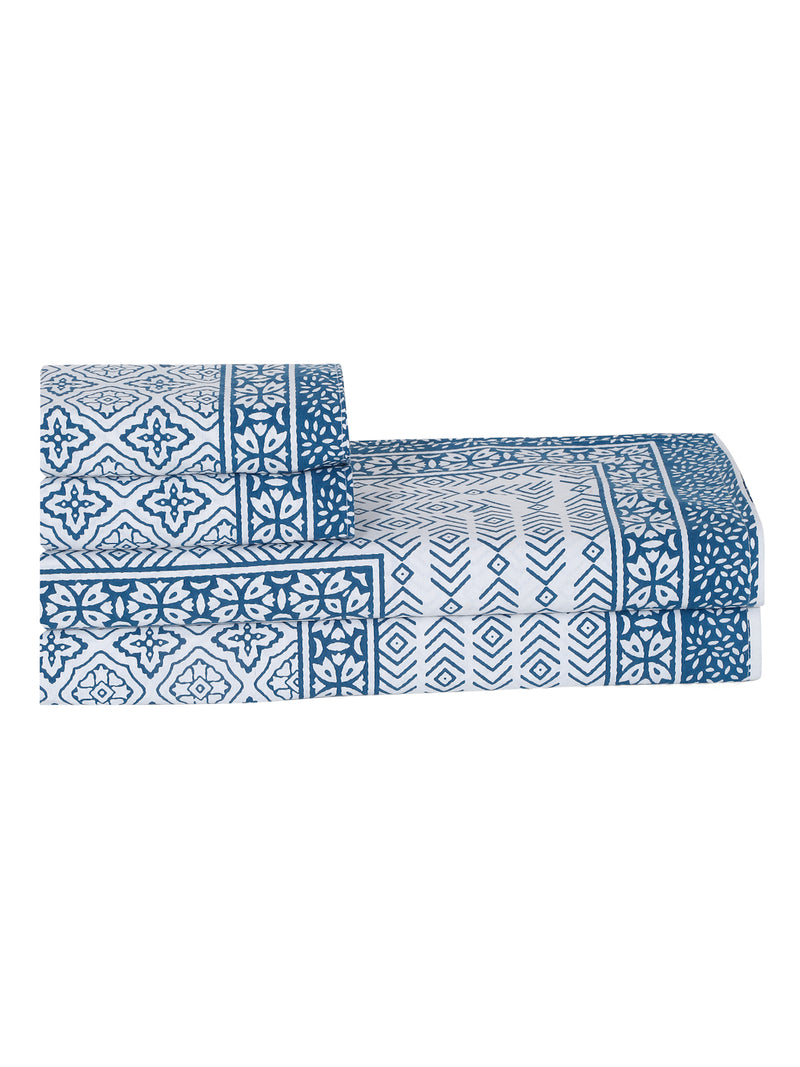 Rajasthan Decor White and Blue Cotton Geomatric  Print King Bed sheet with 2 Pillow Covers