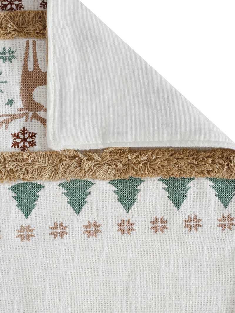 Eyda White and Green Cotton Embroidered Table Runner