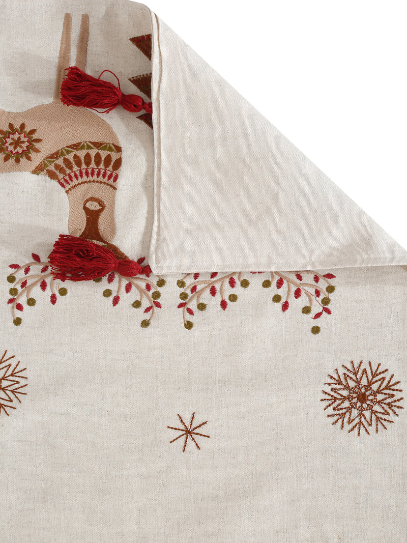 Eyda Beige and Red Cotton Linen Embroidered Table Runner