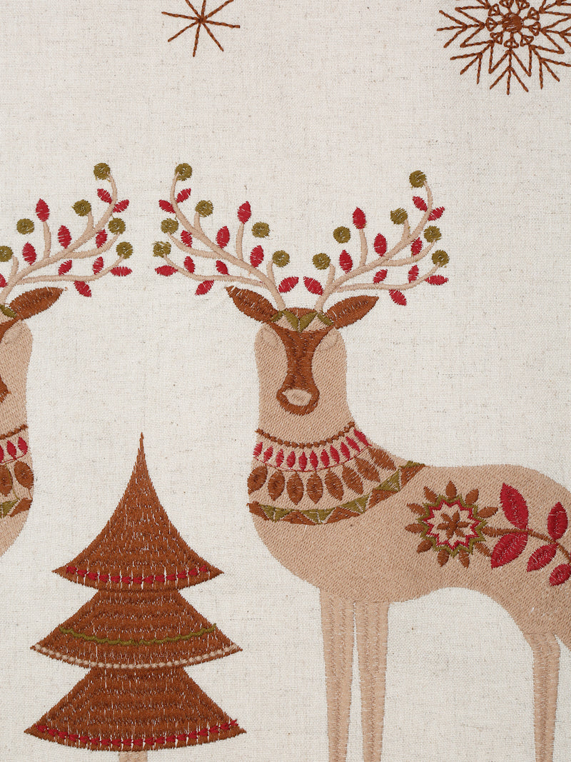Eyda Beige and Red Cotton Linen Embroidered Table Runner