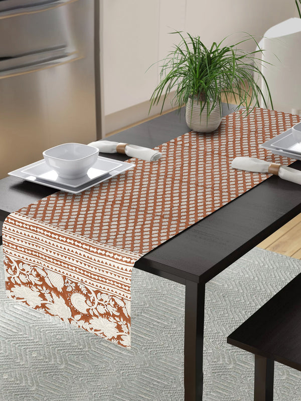 Eyda Rust Colored Hand Block Floral Print Cotton Linen Table Runner