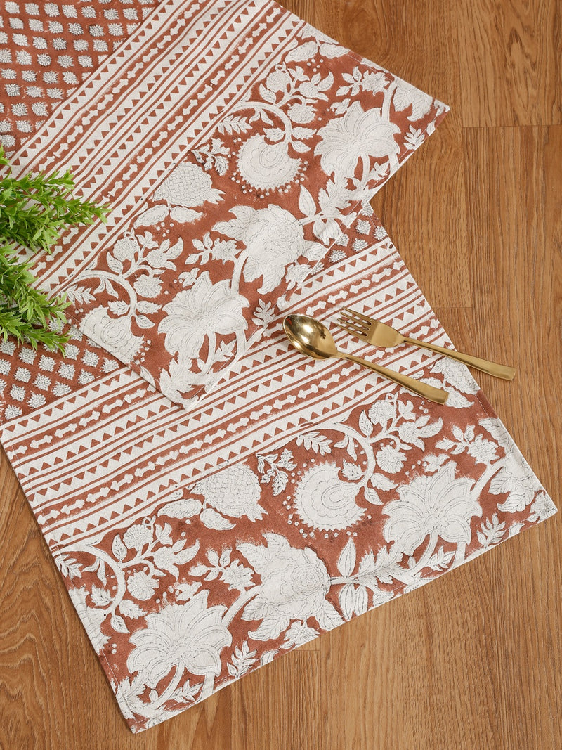 Eyda Rust Colored Hand Block Floral Print Cotton Linen Table Runner