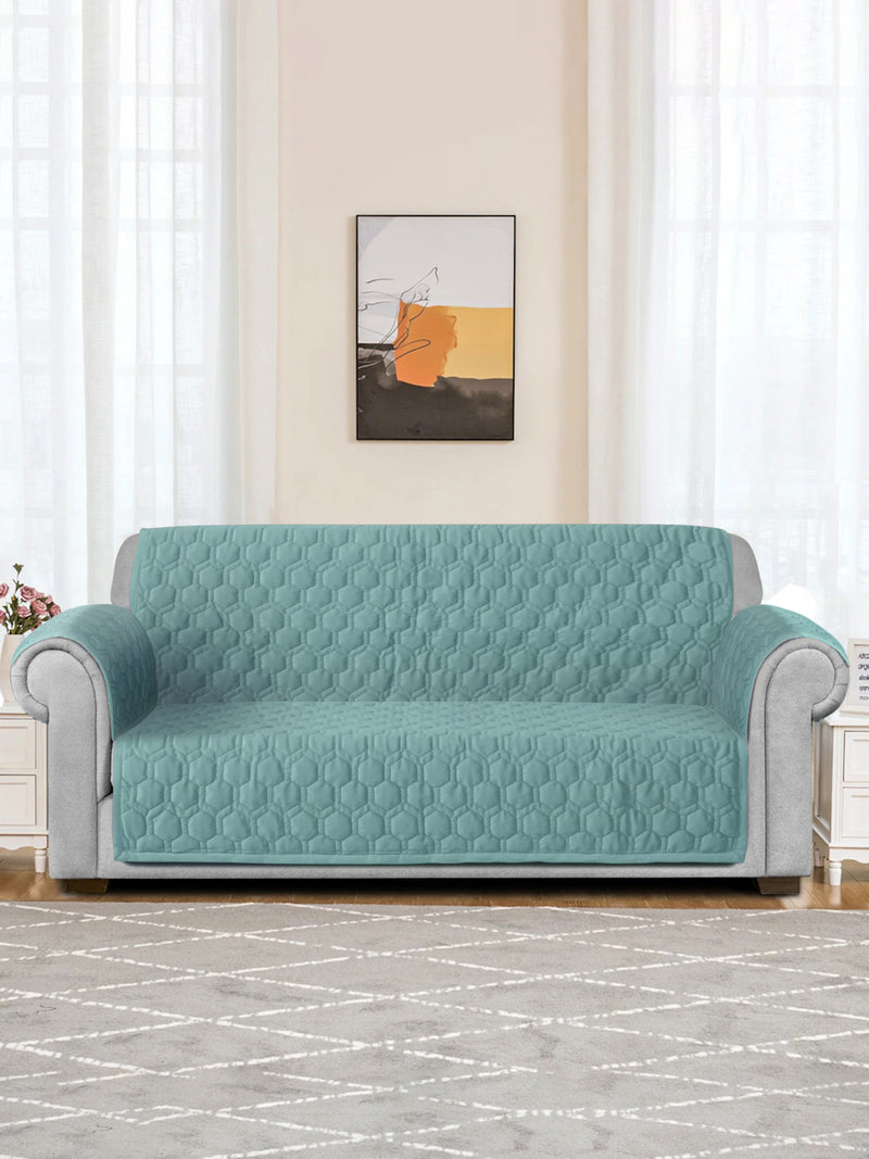 Sea Green Honey Comb Quilted Velvet 3 Seater Sofa Cover with 2 pcs Hand Rest