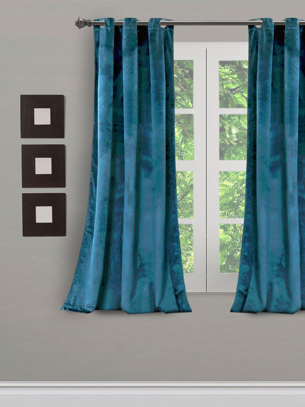 Eyda Premium Velvet Emerald Blue Color Eyelet Window Door Curtain- 1 Pc