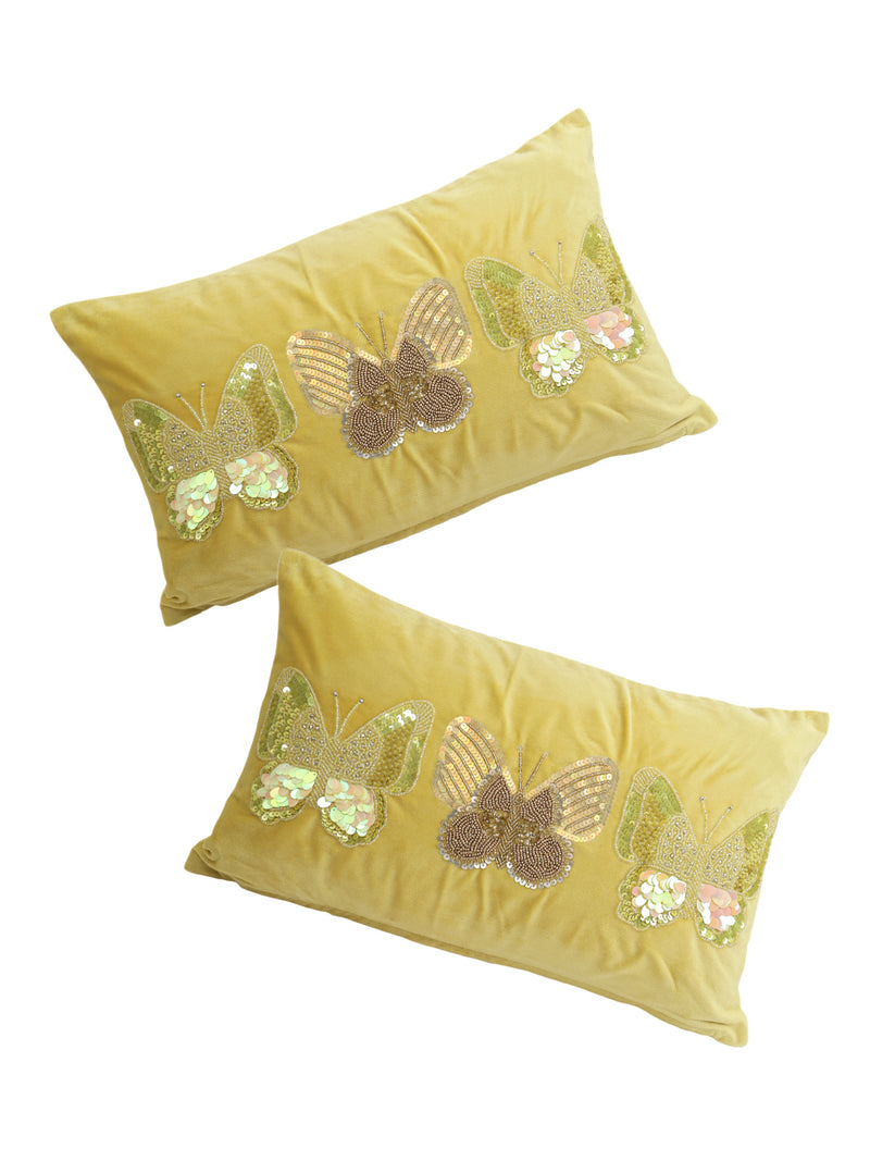 Eyda Set of 2 Velvet Yellow Emroidered Cushion Cover 12x20 inch