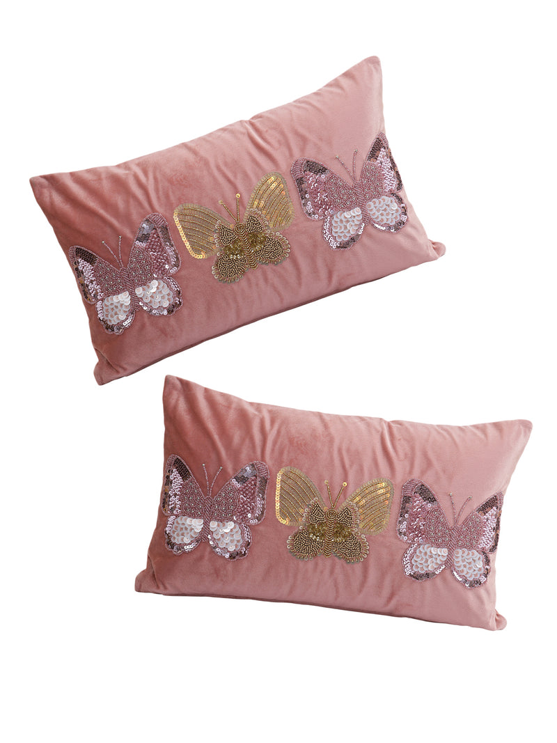 Eyda Set of 2 Velvet Pink Emroidered Cushion Cover 12x20 inch