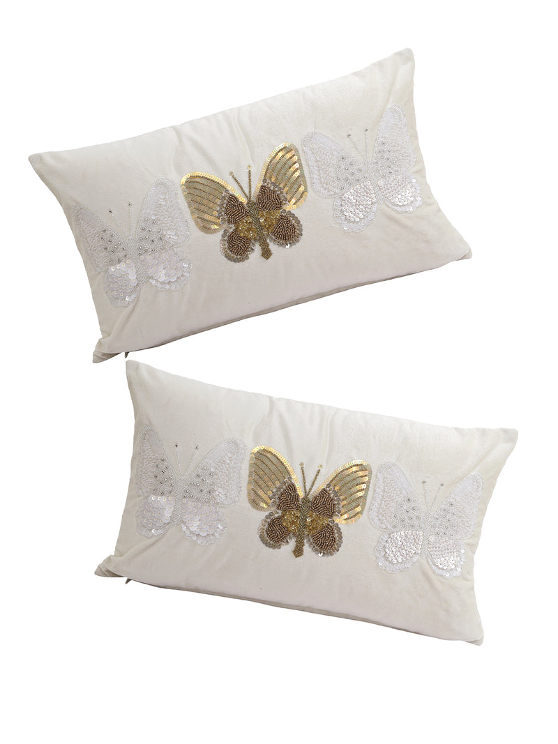 Eyda Set of 2 Velvet Cream Emroidered Cushion Cover 12x20 inch
