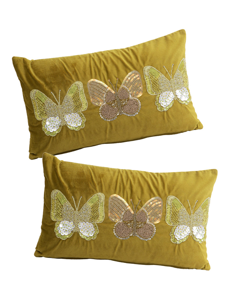 Eyda Set of 2 Velvet Olive Green Emroidered Cushion Cover 12x20 inch