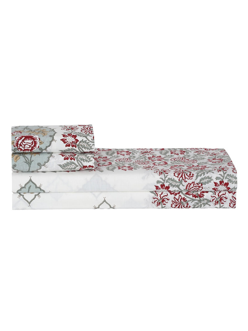 Cream Color Burgandy Floral Print Cotton King Bed Sheet with 2 Pillow Covers