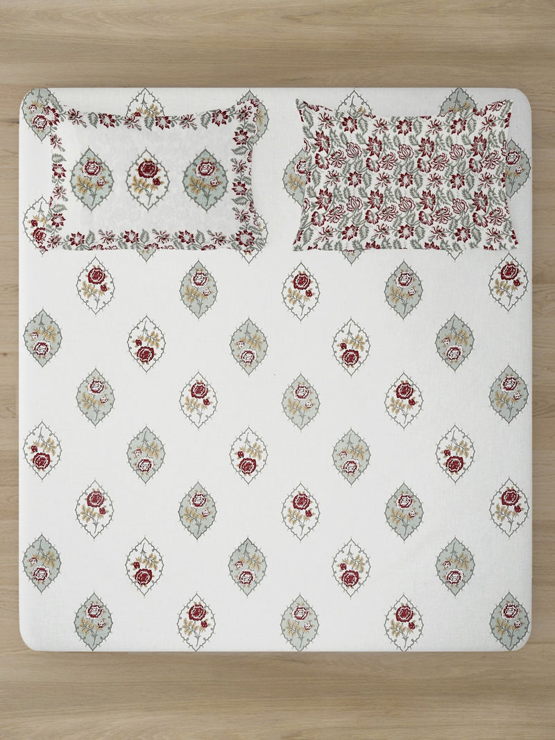 Cream Color Burgandy Floral Print Cotton King Bed Sheet with 2 Pillow Covers