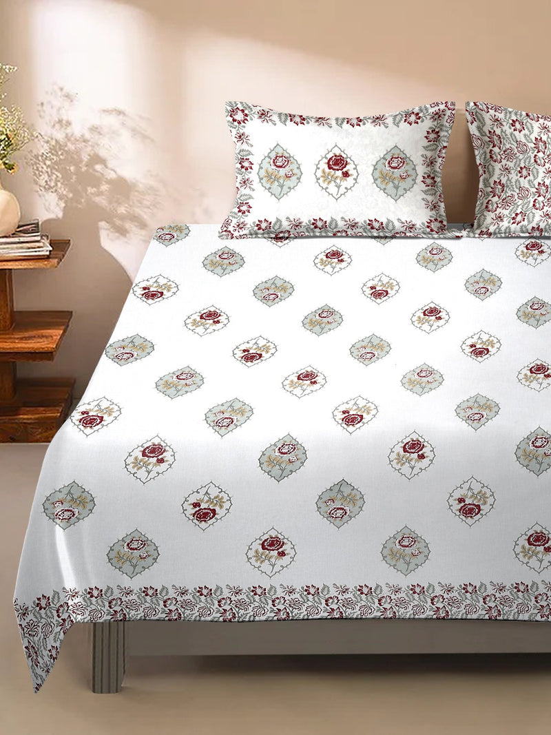 Cream Color Burgandy Floral Print Cotton King Bed Sheet with 2 Pillow Covers