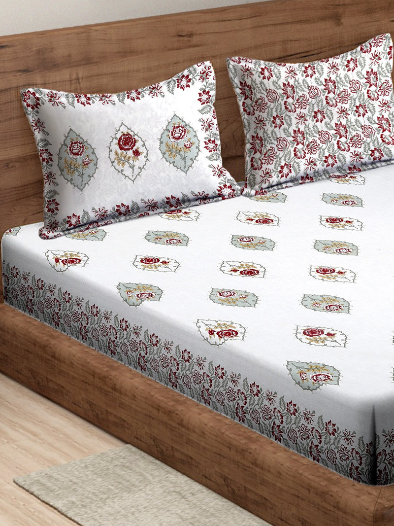 Cream Color Burgandy Floral Print Cotton King Bed Sheet with 2 Pillow Covers