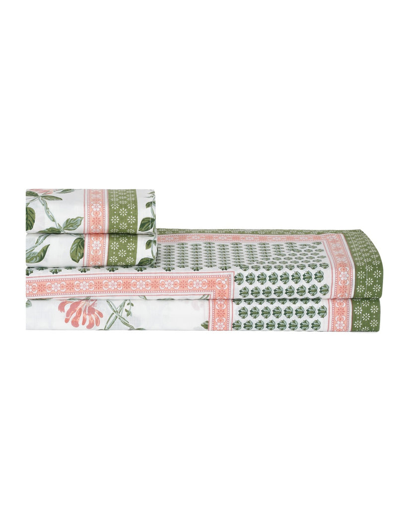 Cream Color Green Floral Print Cotton King Bed Sheet with 2 Pillow Covers