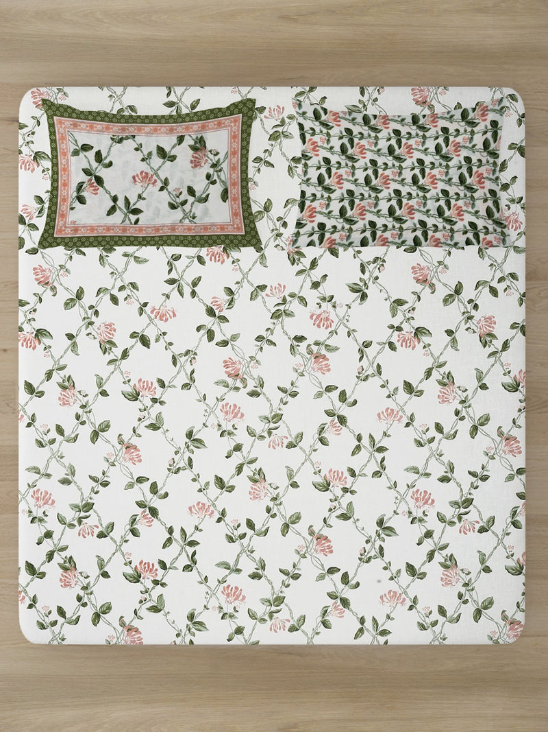 Cream Color Green Floral Print Cotton King Bed Sheet with 2 Pillow Covers