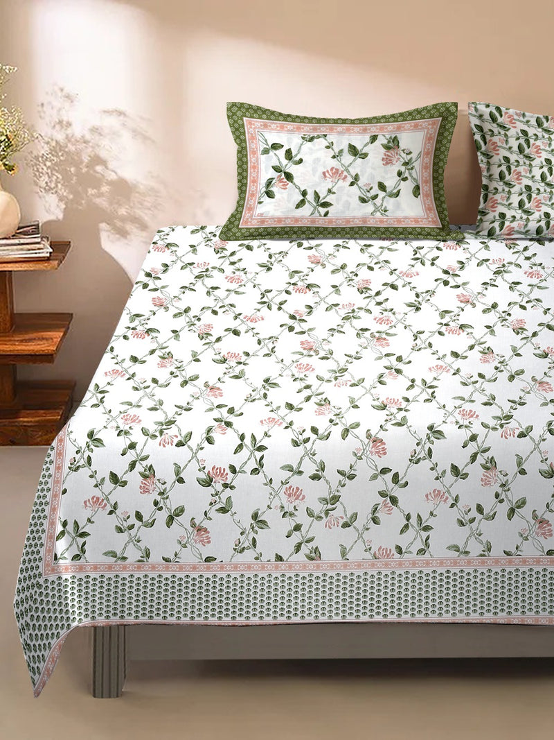 Cream Color Green Floral Print Cotton King Bed Sheet with 2 Pillow Covers