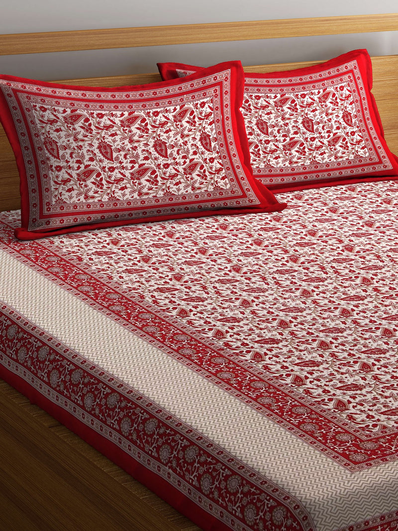 Cotton Screen Block Print Jaipuri Red and White Double Bedsheet with 2 Pillow Covers