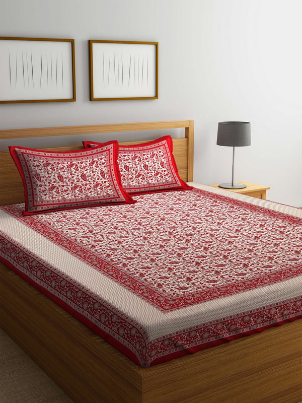 Cotton Screen Block Print Jaipuri Red and White Double Bedsheet with 2 Pillow Covers