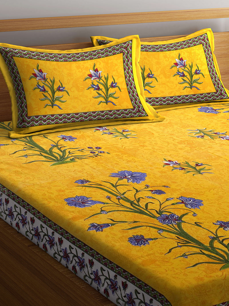 Screen Block Print Jaipuri Yellow Double Bedsheet with 2 Pillow Covers