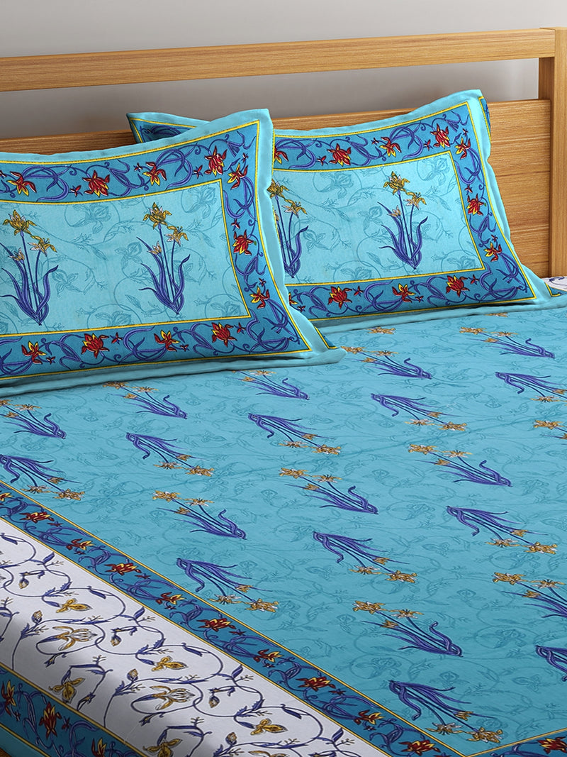 Hand Screen Blue Floral Print Double Size Bedsheet with 2 Pillow Coverss