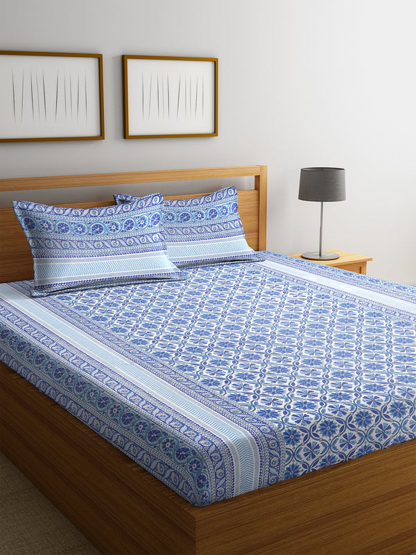 Screen Print Blue Color Floral Double Bedsheet with 2 Pillow Covers