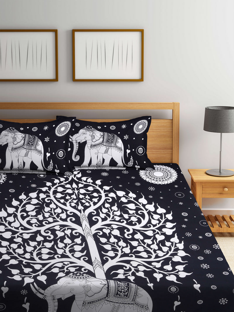 Animal Printed Black Color Cotton Double Bedsheet with 2  Pillow Coverss