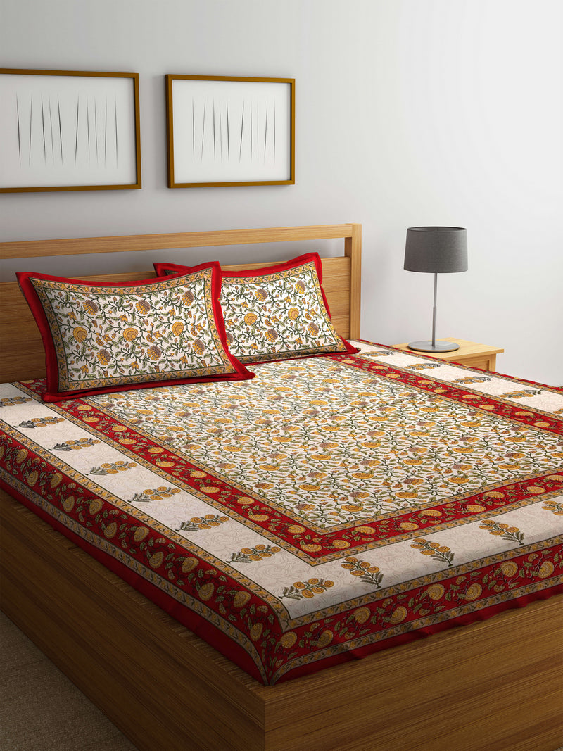 Beige and Peach Red Color Floral Print Jaipuri Double Bedsheet with 2 Pillow Covers