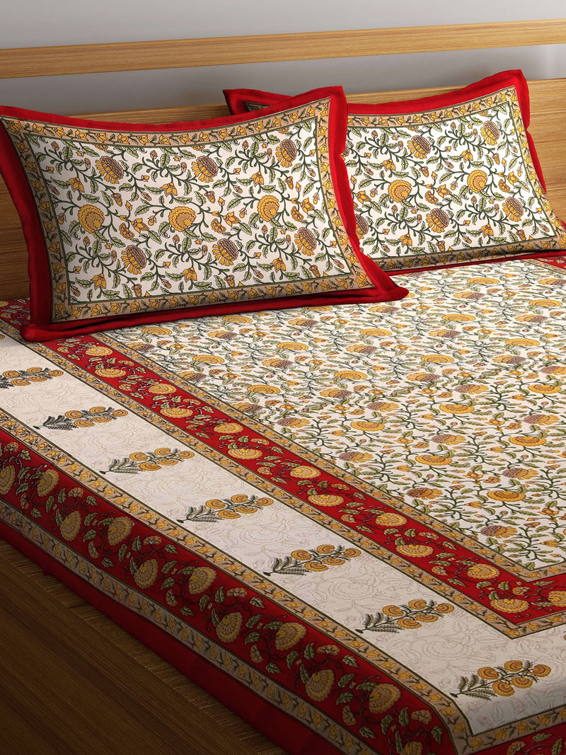 Beige and Peach Red Color Floral Print Jaipuri Double Bedsheet with 2 Pillow Covers