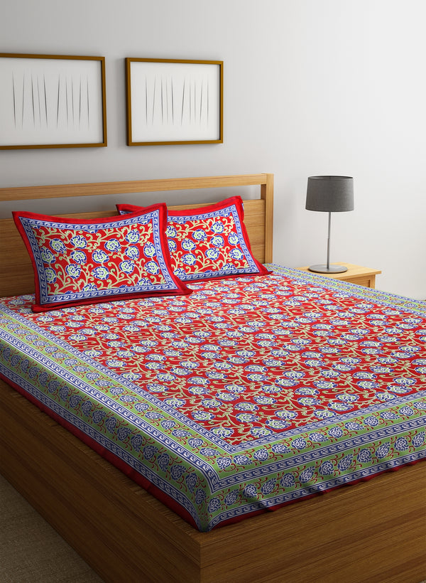 Floral Print Red Cotton Double Bedsheet with 2 Pillow Covers