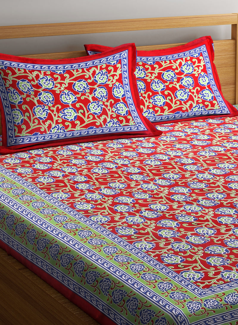 Floral Print Red Cotton Double Bedsheet with 2 Pillow Covers