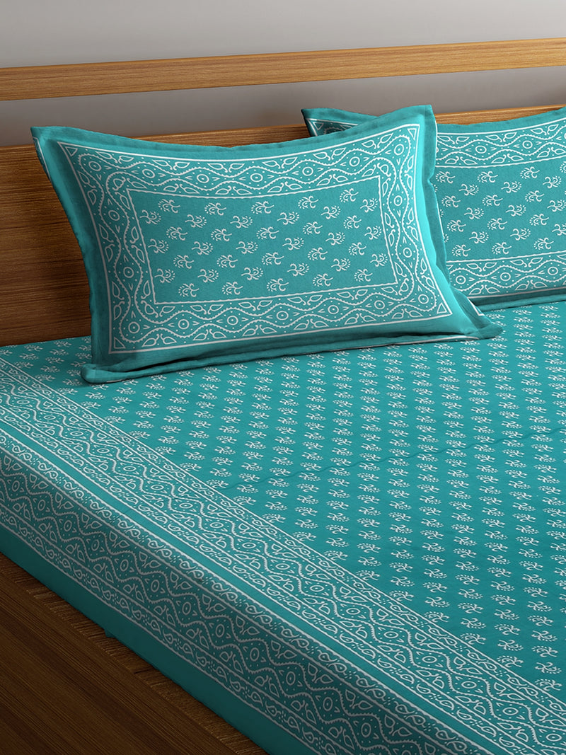 Screen print Sea green Cotton Double Bedsheet with 2 Pillow Covers