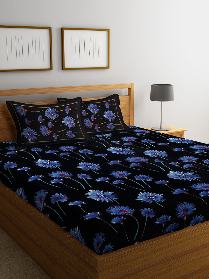 Screen Print Black Color and Blue Floral Cotton Double Bedsheet with 2 Pillow Covers