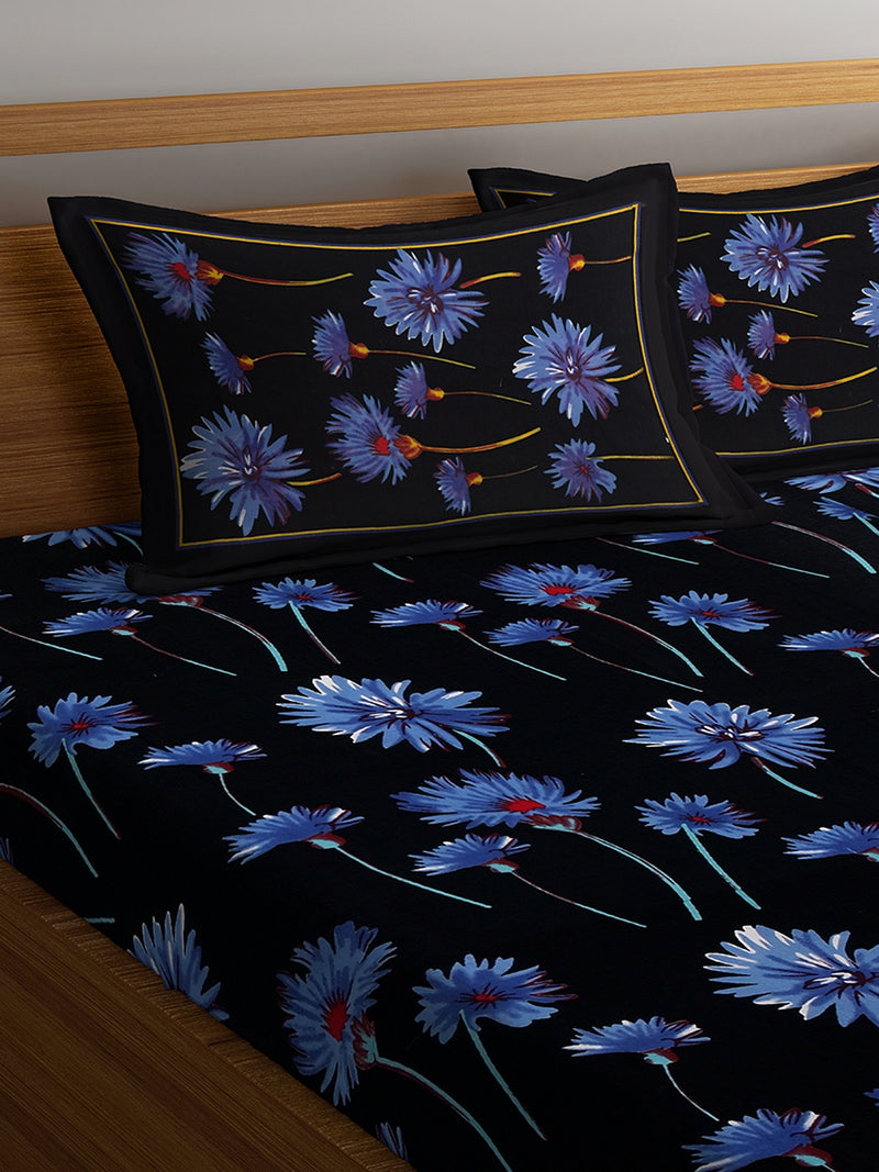 Screen Print Black Color and Blue Floral Cotton Double Bedsheet with 2 Pillow Covers