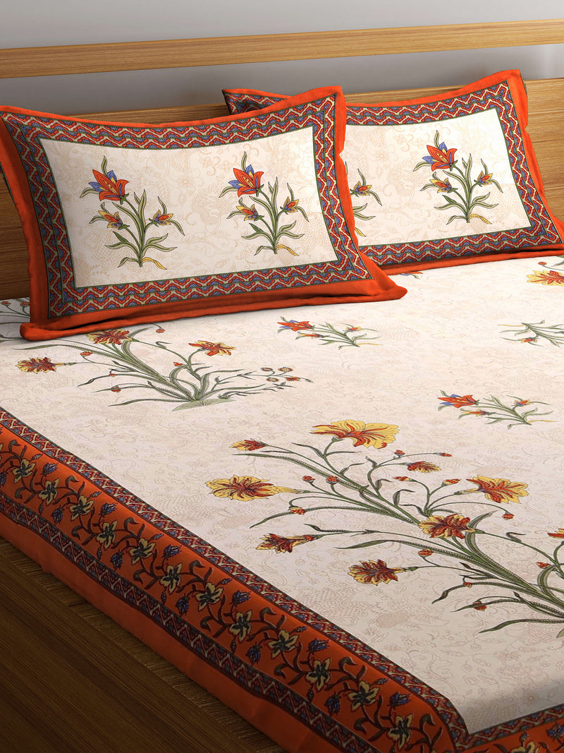 Floral Print Jaipuri Double Bedsheet with 2 Pillow Covers - Cream Color
