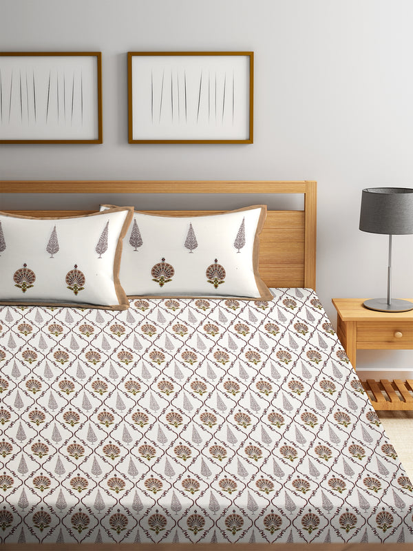 Rajasthan Decor Screen Block Print Jaipuri Cotton Floral Pattern King Bedsheet with 2 Pillow Covers