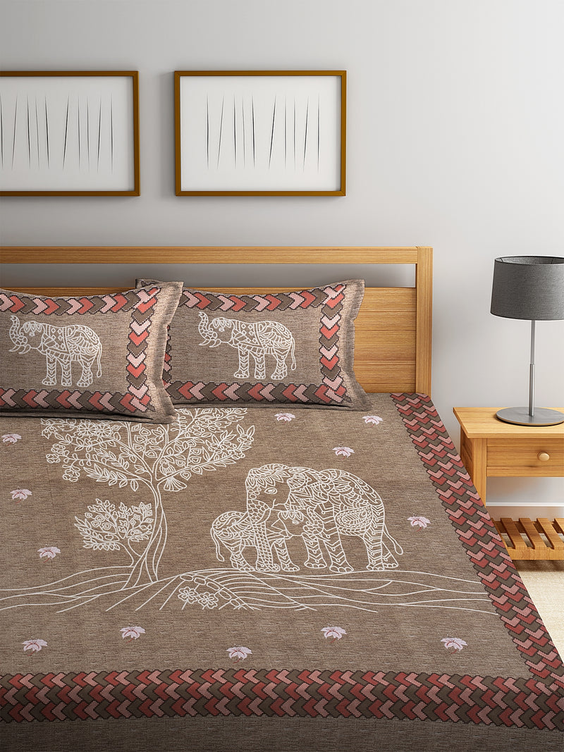 Light Brown Screen Block Print Jaipuri Cotton Animal Pattern Double Bedsheet with 2 Pillow Coverss
