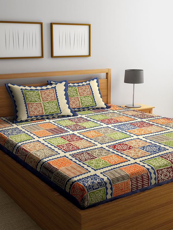 Rajasthan Decor Screen Block Print Jaipuri Cotton Geometric Pattern King Size Bedsheet with 2 Pillow Covers