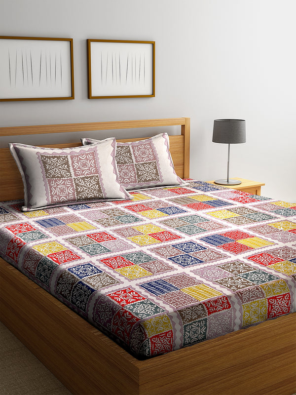 Screen Block Print Jaipuri Cotton Geometric Pattern King Size Bedsheet with 2 Pillow Covers