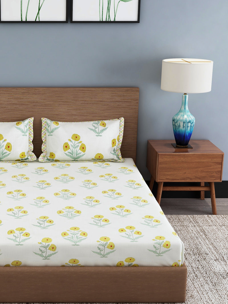 Cream Color Yellow Floral Print Cotton King Bed Sheet with 2 Pillow Covers