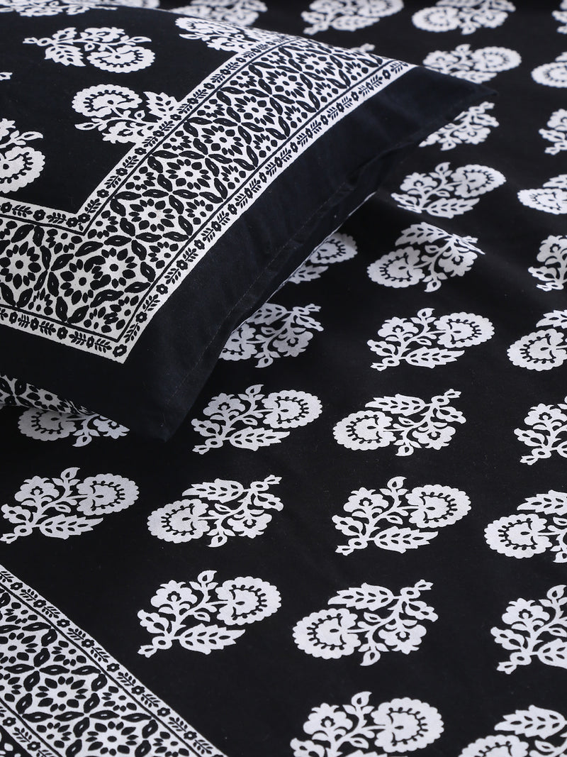 Cotton Floral Print Black Color Double Bed sheet with 2 Pillow Covers